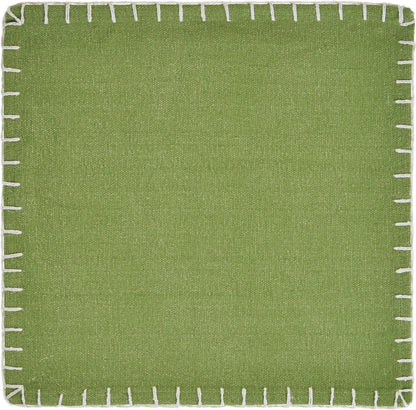 15" Set of Four Natural And Olive Green Embroidered Edge Cotton Square Placemats
