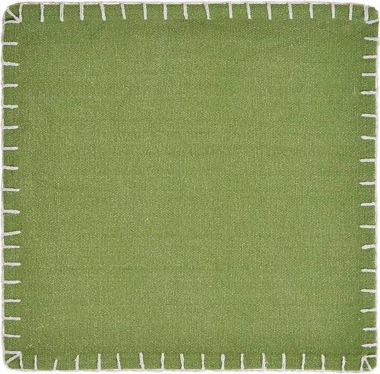 15" Set of Four Natural And Olive Green Embroidered Edge Cotton Square Placemats