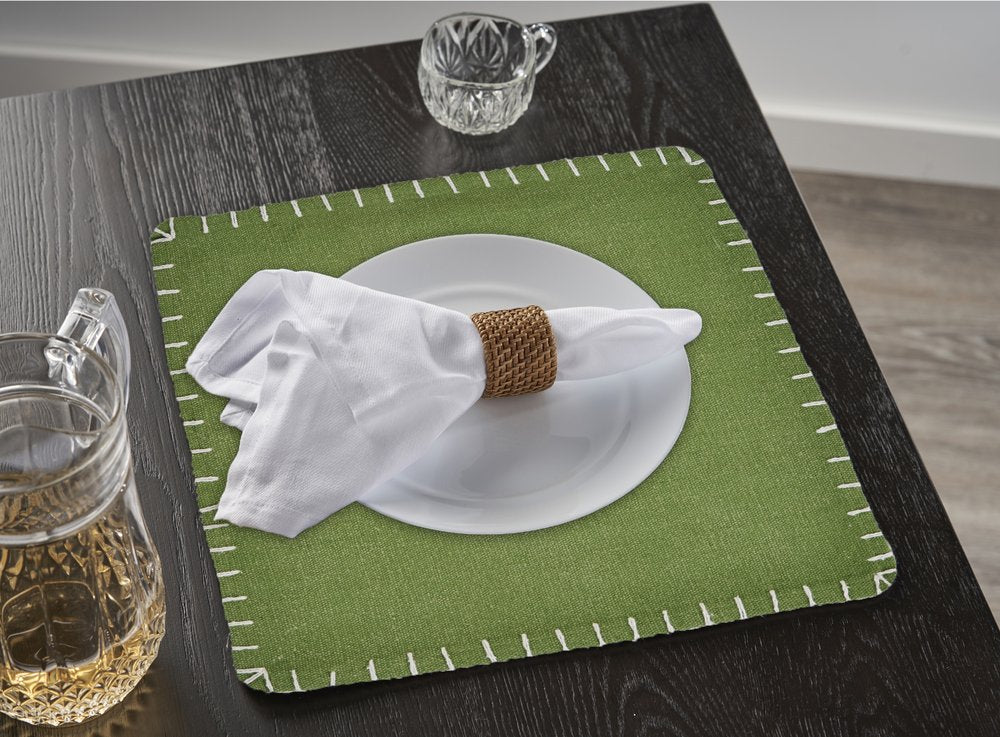 15" Set of Four Natural And Olive Green Embroidered Edge Cotton Square Placemats