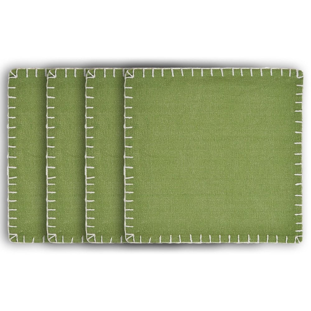 15" Set of Four Natural And Olive Green Embroidered Edge Cotton Square Placemats