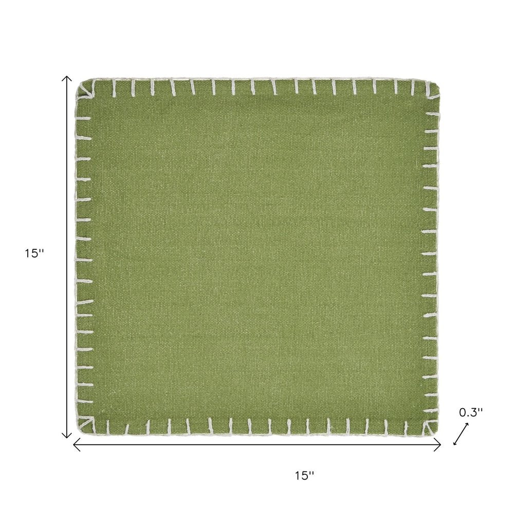 15" Set of Four Natural And Olive Green Embroidered Edge Cotton Square Placemats