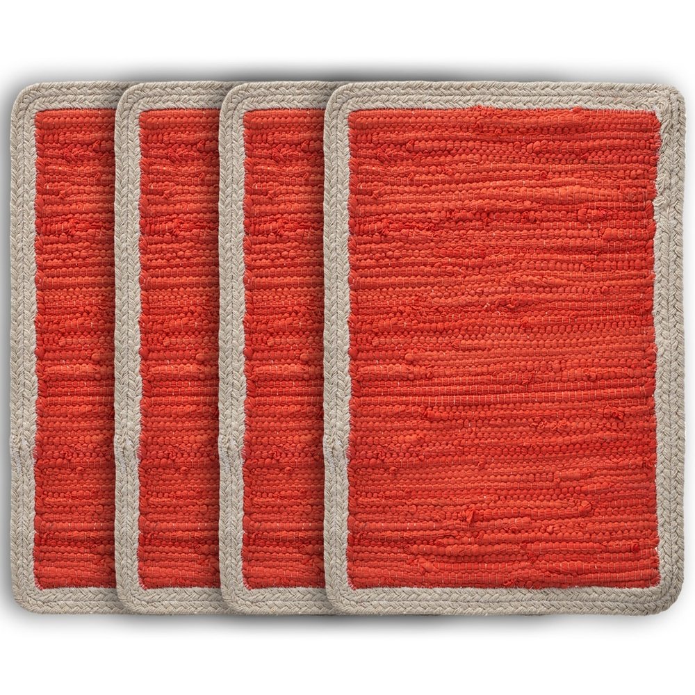 19" Set of Four Orange And Natural Solid With Border Cotton Placemats