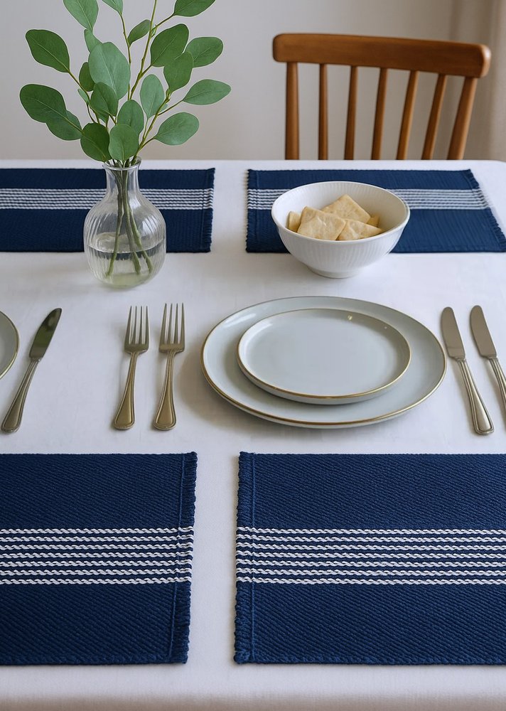 19" Set of Four Navy Blue And White Striped Cotton Placemats
