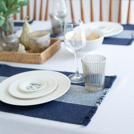 19" Set of Four Navy Blue And White Striped Cotton Placemats