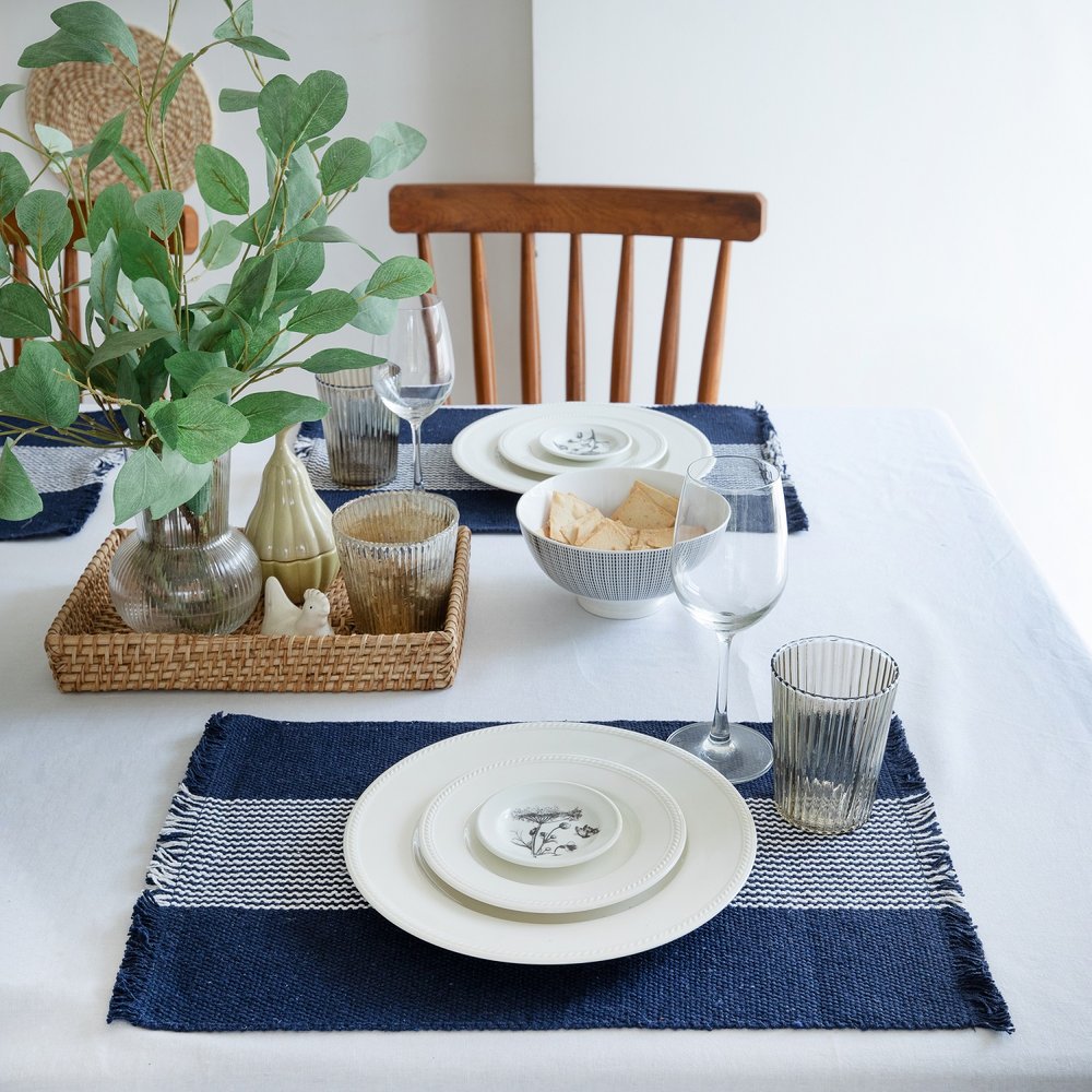 19" Set of Four Navy Blue And White Striped Cotton Placemats