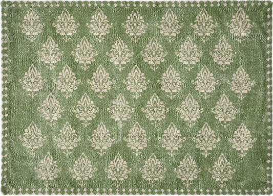 19" Set of Four Green And Cream Geometric Medallion Cotton Placemats