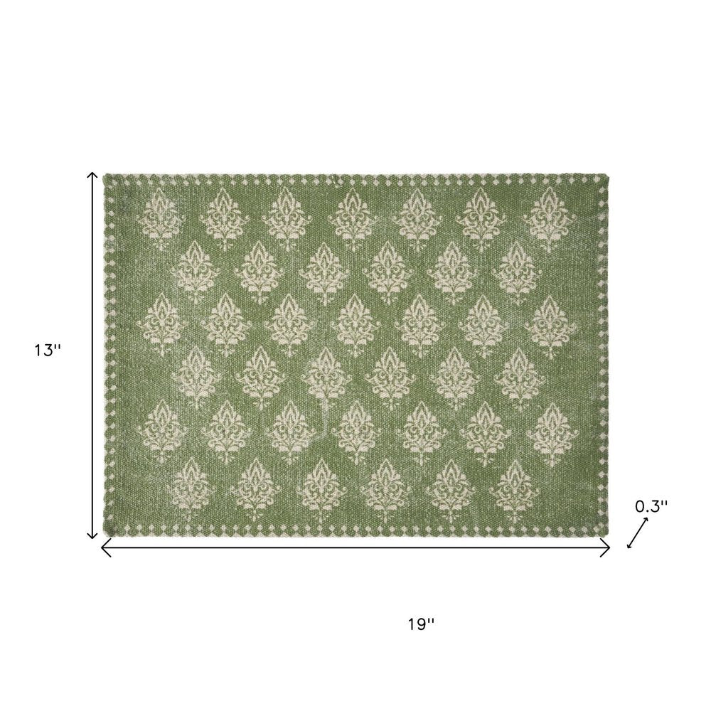 19" Set of Four Green And Cream Geometric Medallion Cotton Placemats
