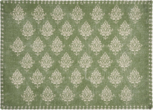 19" Set of Four Green And Cream Geometric Medallion Cotton Placemats