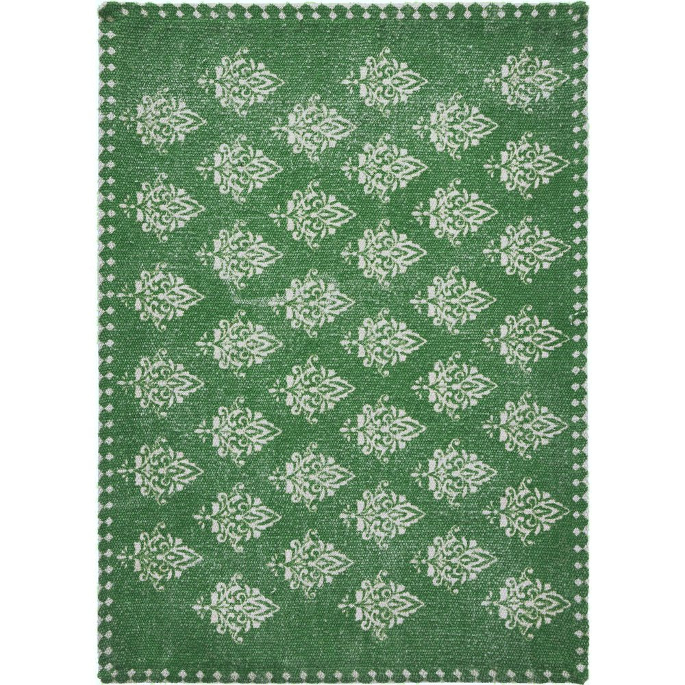 19" Set of Four Green And Cream Geometric Medallion Cotton Placemats