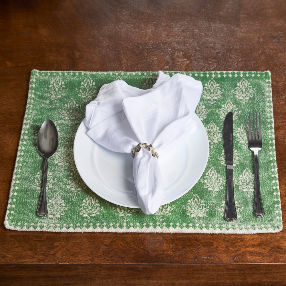 19" Set of Four Green And Cream Geometric Medallion Cotton Placemats