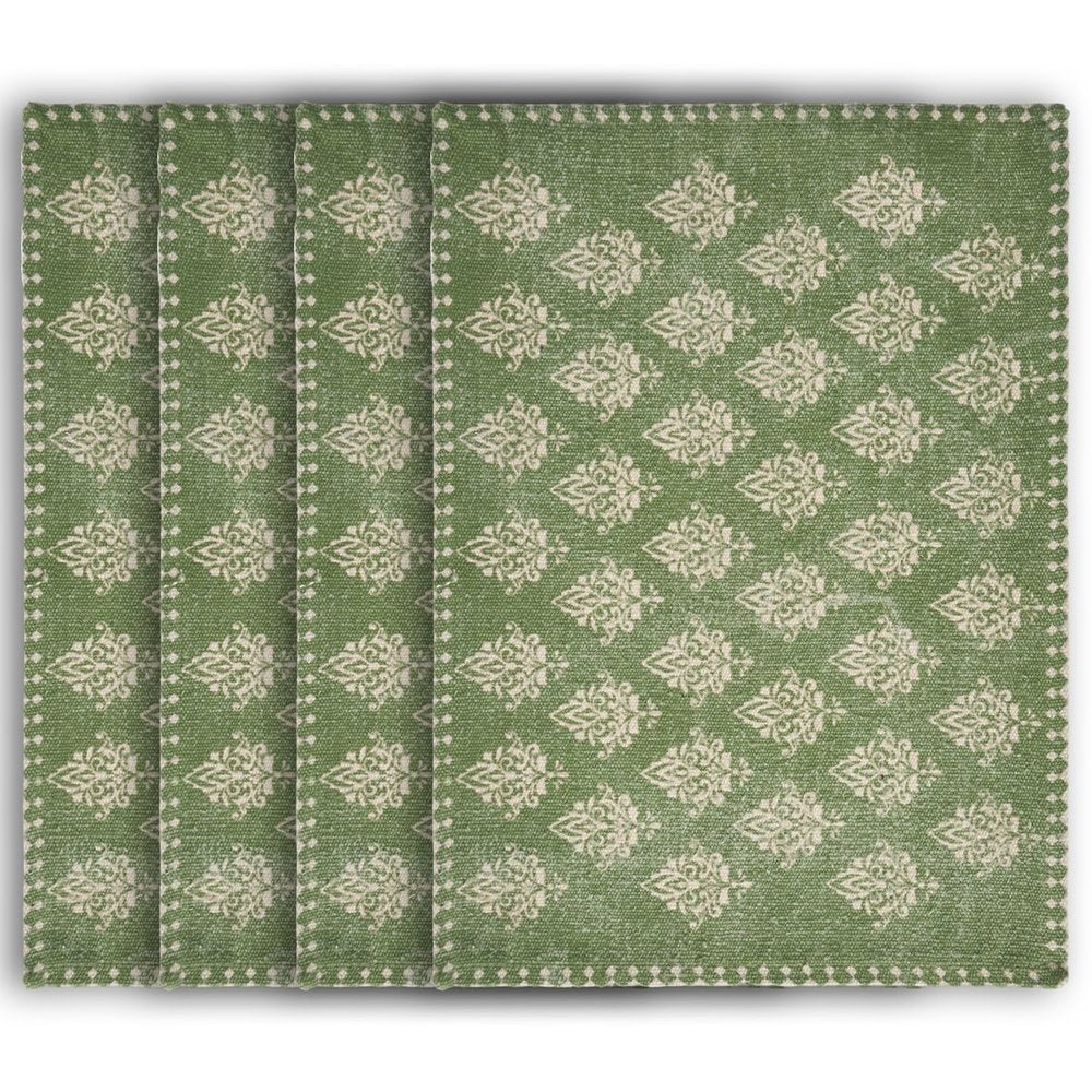 19" Set of Four Green And Cream Geometric Medallion Cotton Placemats