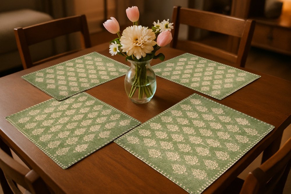 19" Set of Four Green And Cream Geometric Medallion Cotton Placemats