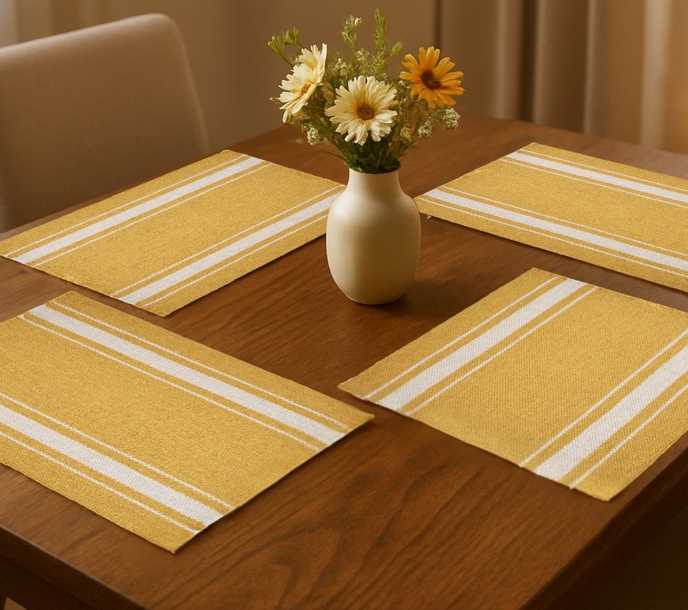 19" Set of Four Yellow And White Striped Cotton Placemats