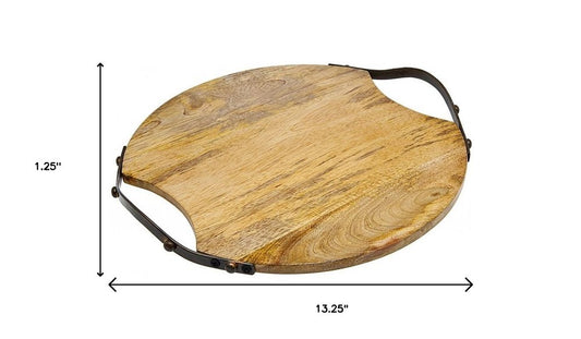 13" Natural Brown Round Wood and Metal Tray