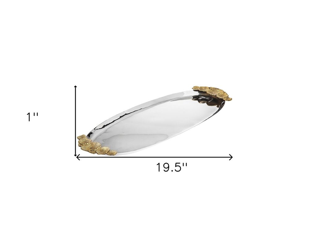 20" Silver And Gold Oval Stainless Steel Handmade Serving Tray With Handles
