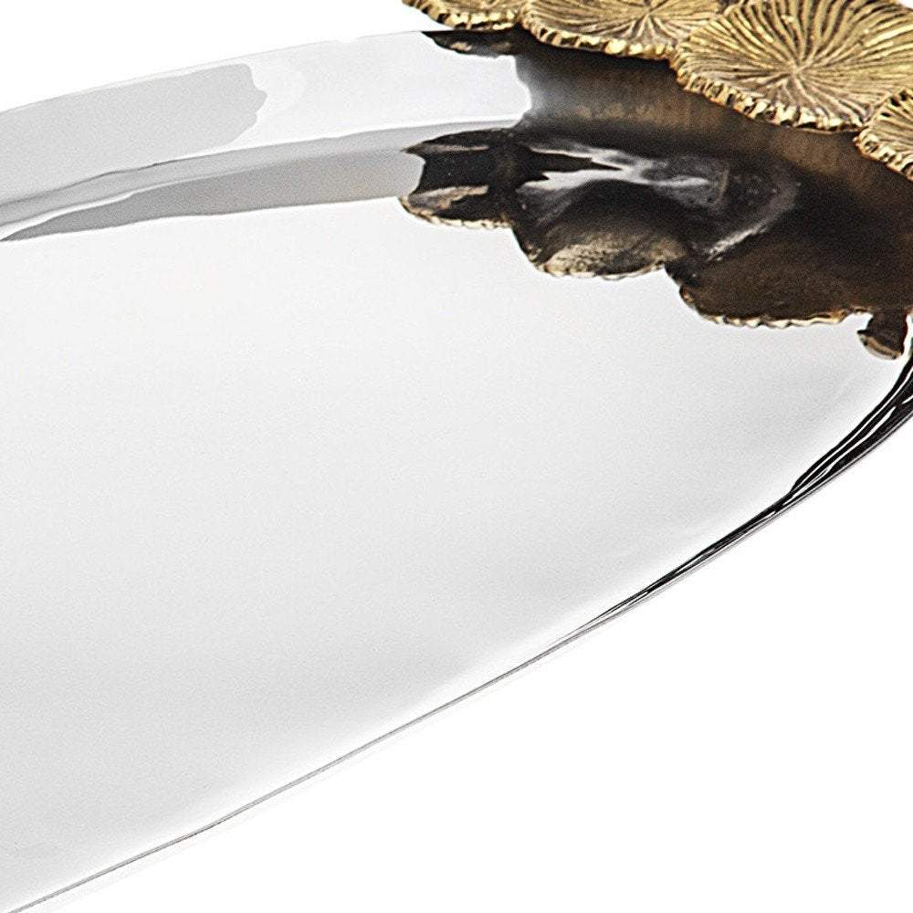 20" Silver And Gold Oval Stainless Steel Handmade Serving Tray With Handles