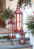 Set of Three Red Distressed Ornate Glass And Metal Floor Lantern Candle Holders