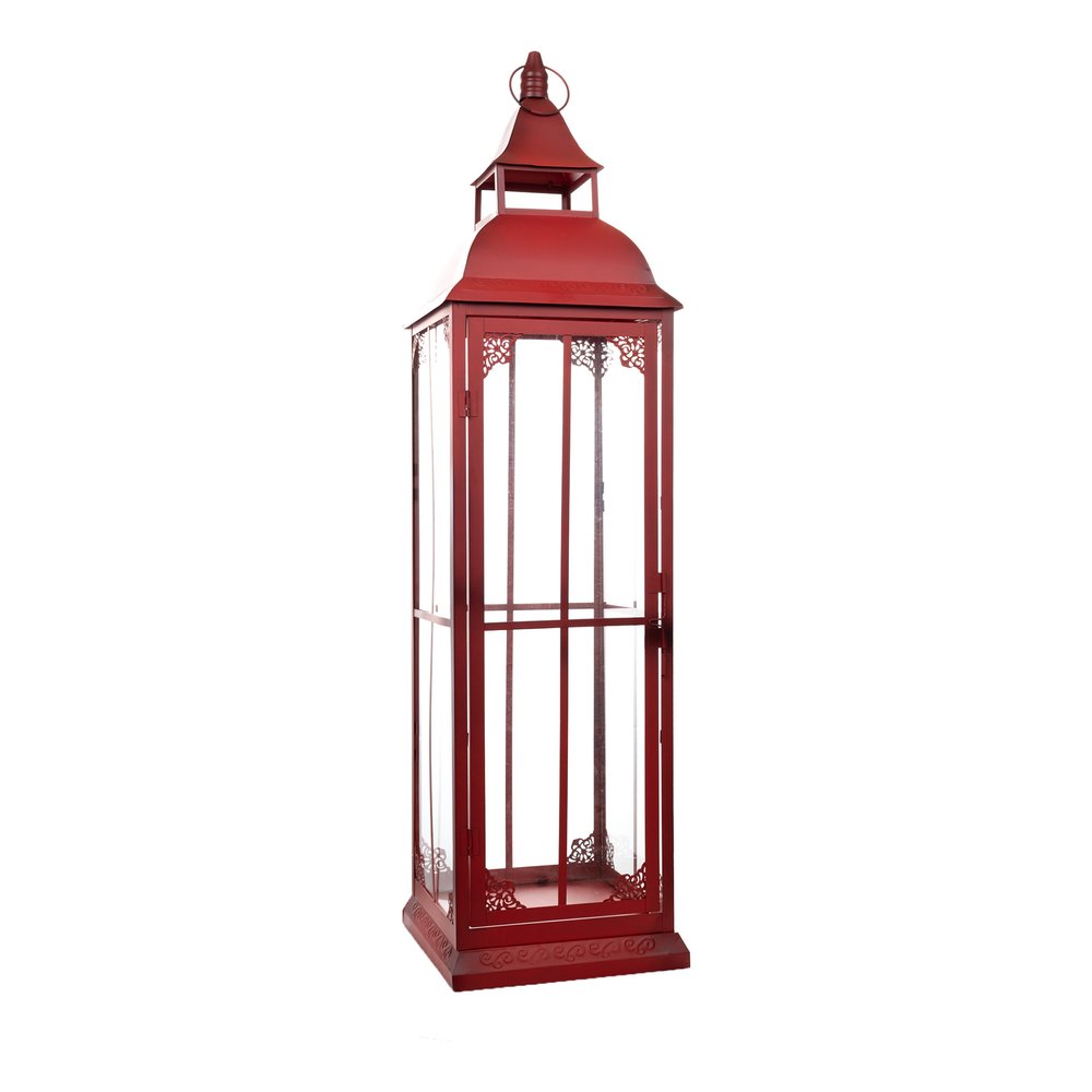 Set of Three Red Distressed Ornate Glass And Metal Floor Lantern Candle Holders