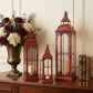 Set of Three Red Distressed Ornate Glass And Metal Floor Lantern Candle Holders