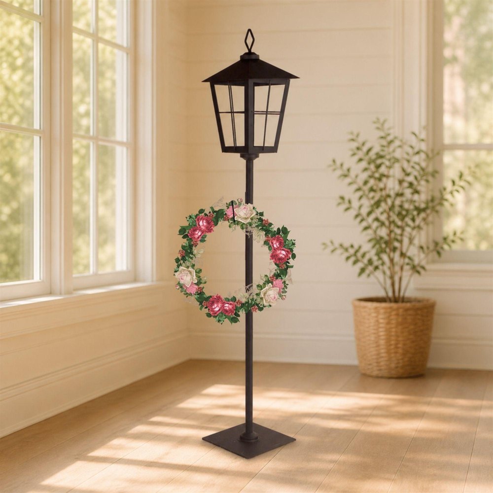 43" Black Geometric Glass And Metal Floor Lantern Candle Holder