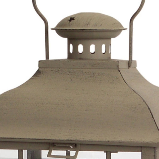 Set of Three Brown Distressed Geometric Glass And Metal Floor Lantern Candle Holders