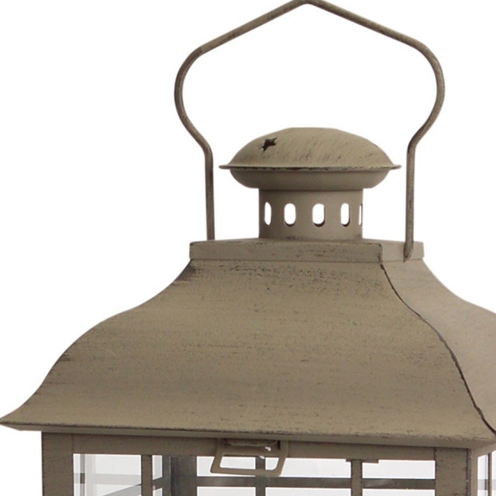 Set of Three Brown Distressed Geometric Glass And Metal Floor Lantern Candle Holders