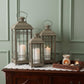 Set of Three Brown Distressed Geometric Glass And Metal Floor Lantern Candle Holders