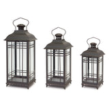Set of Three Black Distressed Geometric Glass And Metal Floor Lantern Candle Holders