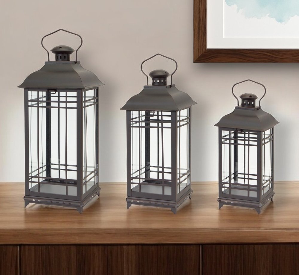 Set of Three Black Distressed Geometric Glass And Metal Floor Lantern Candle Holders