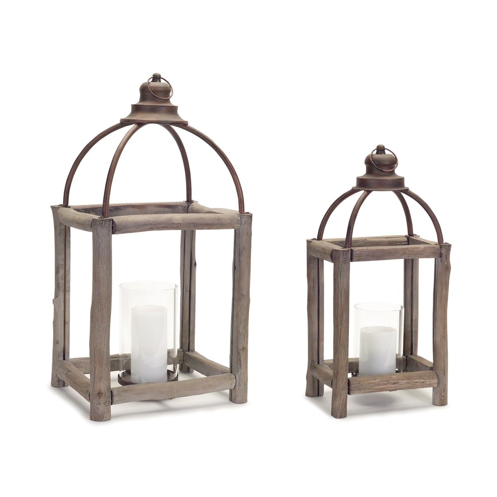 Set of Two Natural And Gray Geometric Glass Wood And Metal Floor Lantern Candle Holders