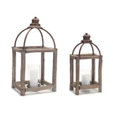 Set of Two Natural And Gray Geometric Glass Wood And Metal Floor Lantern Candle Holders