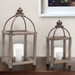 Set of Two Natural And Gray Geometric Glass Wood And Metal Floor Lantern Candle Holders