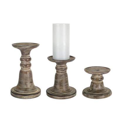 Set of Three Brown Distressed Stone Tabletop Taper Candlesticks