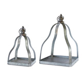 Set of Two Gray Distressed Galvanized Metal Tabletop Lantern Candle Holders