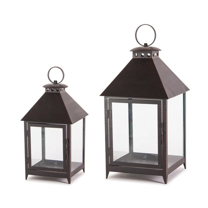 Set of Two Black Geometric Iron And Glass Floor Lantern Candle Holders