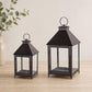 Set of Two Black Geometric Iron And Glass Floor Lantern Candle Holders