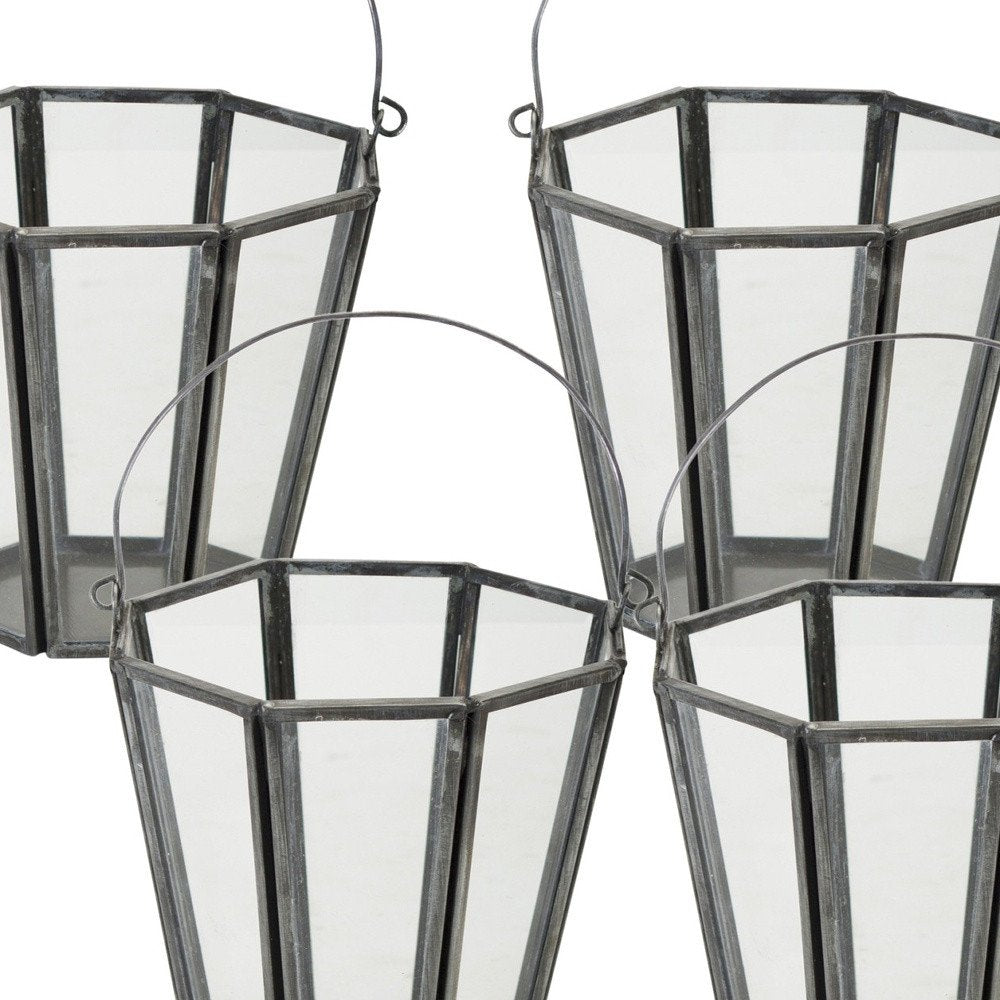 Set of Four Gray Distressed Geometric Iron And Glass Tabletop Votive Candle Holders