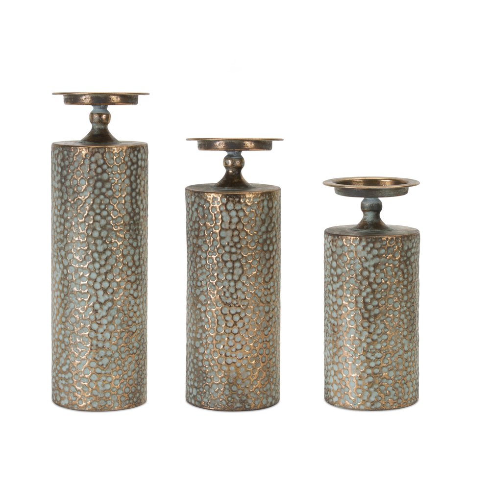 Set of Three Bronze Distressed Abstract Metal Tabletop Pillar Candle Holders