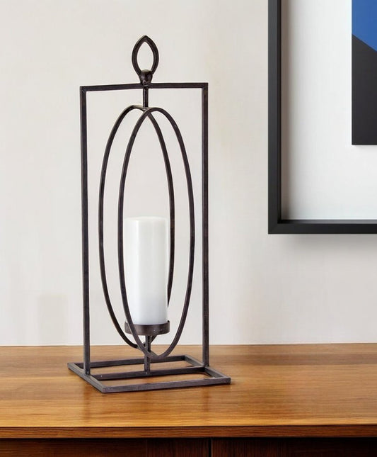 Set of Two Black Distressed Ornate Iron Tabletop Hurricane Candle Holders