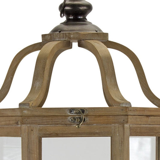 Set of Two Natural And Brown Distressed Geometric Wood And Metal Floor Lantern Candle Holders