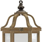 Set of Two Natural And Brown Distressed Geometric Wood And Metal Floor Lantern Candle Holders