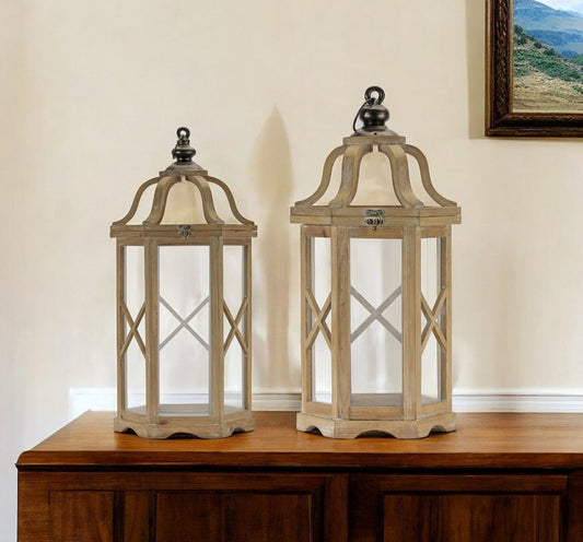 Set of Two Natural And Brown Distressed Geometric Wood And Metal Floor Lantern Candle Holders