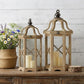 Set of Two Natural And Brown Distressed Geometric Wood And Metal Floor Lantern Candle Holders
