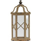 Set of Two Natural And Brown Distressed Geometric Wood And Metal Floor Lantern Candle Holders