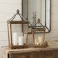Set of Two Brown Distressed Geometric Wood And Metal Floor Lantern Candle Holders