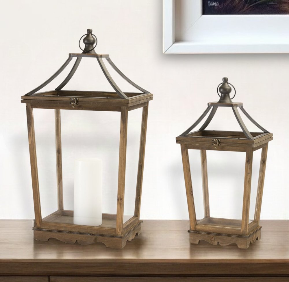 Set of Two Brown Distressed Geometric Wood And Metal Floor Lantern Candle Holders