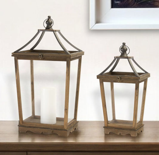 Set of Two Brown Distressed Geometric Wood And Metal Floor Lantern Candle Holders