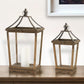 Set of Two Brown Distressed Geometric Wood And Metal Floor Lantern Candle Holders