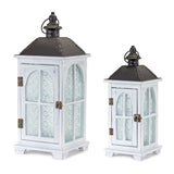 Set of Two White And Black Distressed Ornate Glass Wood And Metal Floor Lantern Candle Holders