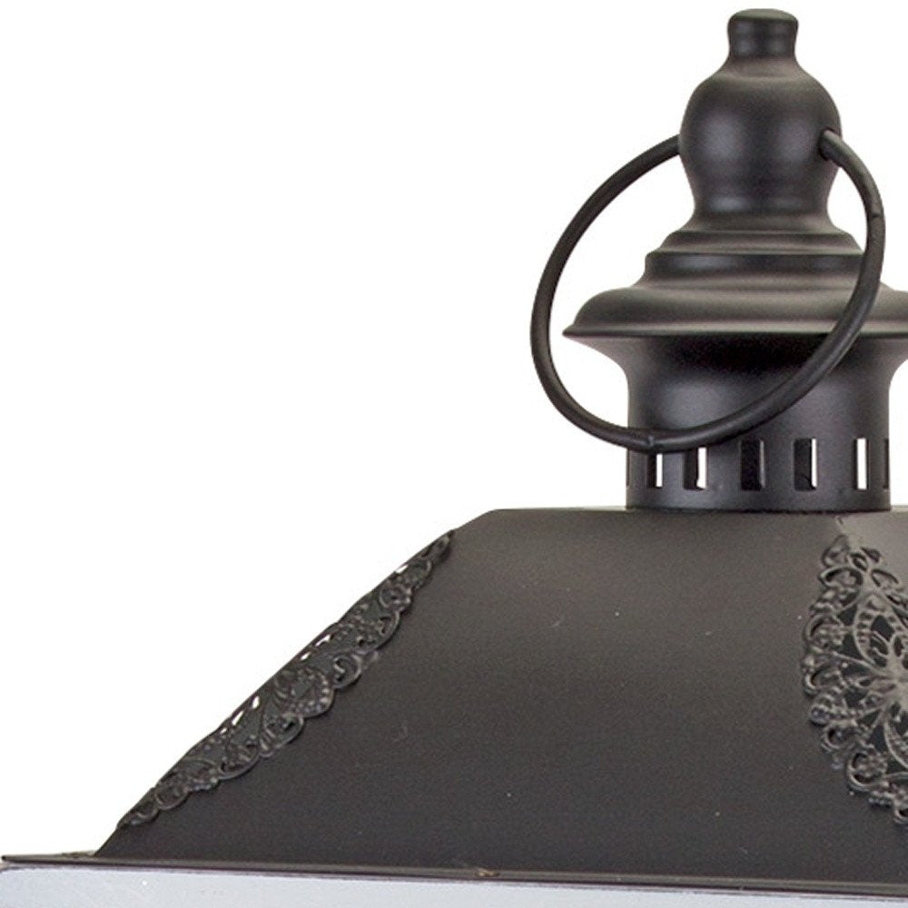 Set of Two White And Black Distressed Ornate Glass Wood And Metal Floor Lantern Candle Holders